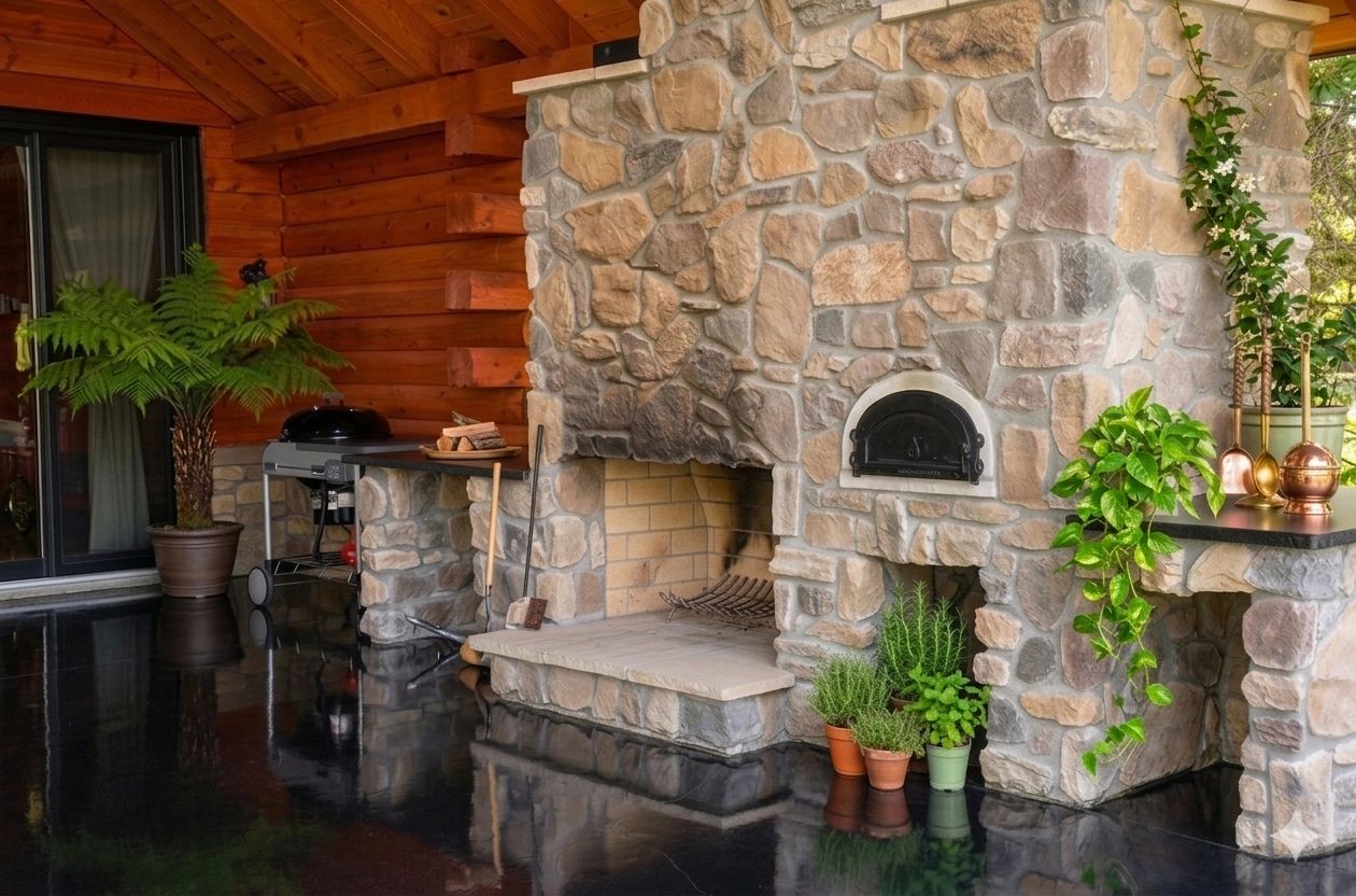 Outdoor stone fireplace with pizza oven — A1 Creative Masonry